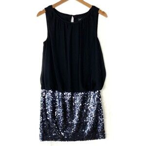 Adrianna Papell Dress Womens 6 Blouson Sequin Cocktail Black Sliver Social Party